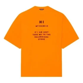 Balenciaga FW21 heren-T-shirt met korte mouwen, breiwerk, retro-print, ‘HI MY NAME IS’ en alfabetprint, brede pasvorm, oranje 661715TKVH57513