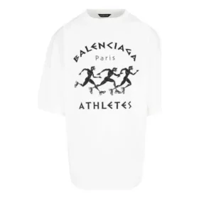 Balenciaga SS21 marathon-hardloopshirt met printpatroon en logo voor heren, korte mouwen, wit 641614TJVK69040
