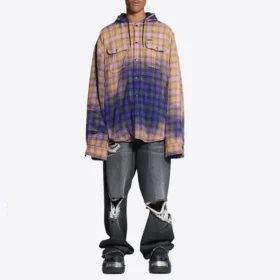 Gebleekt geruit shirt met lange mouwen en capuchon “Purple Beige” 699223TMM095212