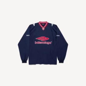 Heren 3b voetbal-T-shirt met lange mouwen en V-hals in donker marineblauw/rood