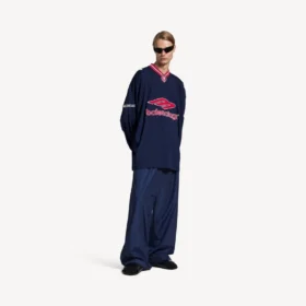 Heren 3b voetbal-T-shirt met lange mouwen en V-hals in donker marineblauw/rood