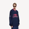 Heren 3b voetbal-T-shirt met lange mouwen en V-hals in donker marineblauw/rood