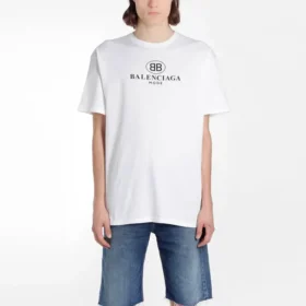 Heren Balenciaga T-shirt met logo-print, ronde hals en korte mouwen, wit 556150TYK239000