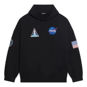 Heren Balenciaga x NASA FW21 Crossover Logo katoenen klassieke hoodie met capuchon, los model, lange mouwen, zwart 651799TKVD81070