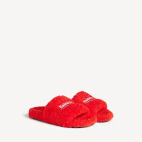 Heren muiltje met bont in poporanje/wit/rood