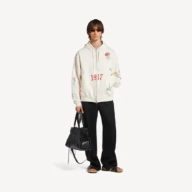 Oversized herenhoodie met rits en capuchon in de kleur crème