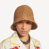 Raffia-buckethoed voor dames in beige