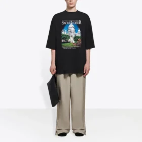 SS21 Retro effen geweven unisex T-shirt met korte mouwen, groot, zwart 641614TJVH61000