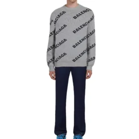 Sweatshirt met logo over het hele oppervlak, rondhals, van wolmix “Grijs-Zwart” 555481T14711262