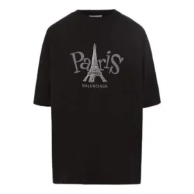 Unisex T-shirt met Parijs-print, ronde hals, zwart 594599TGV661000